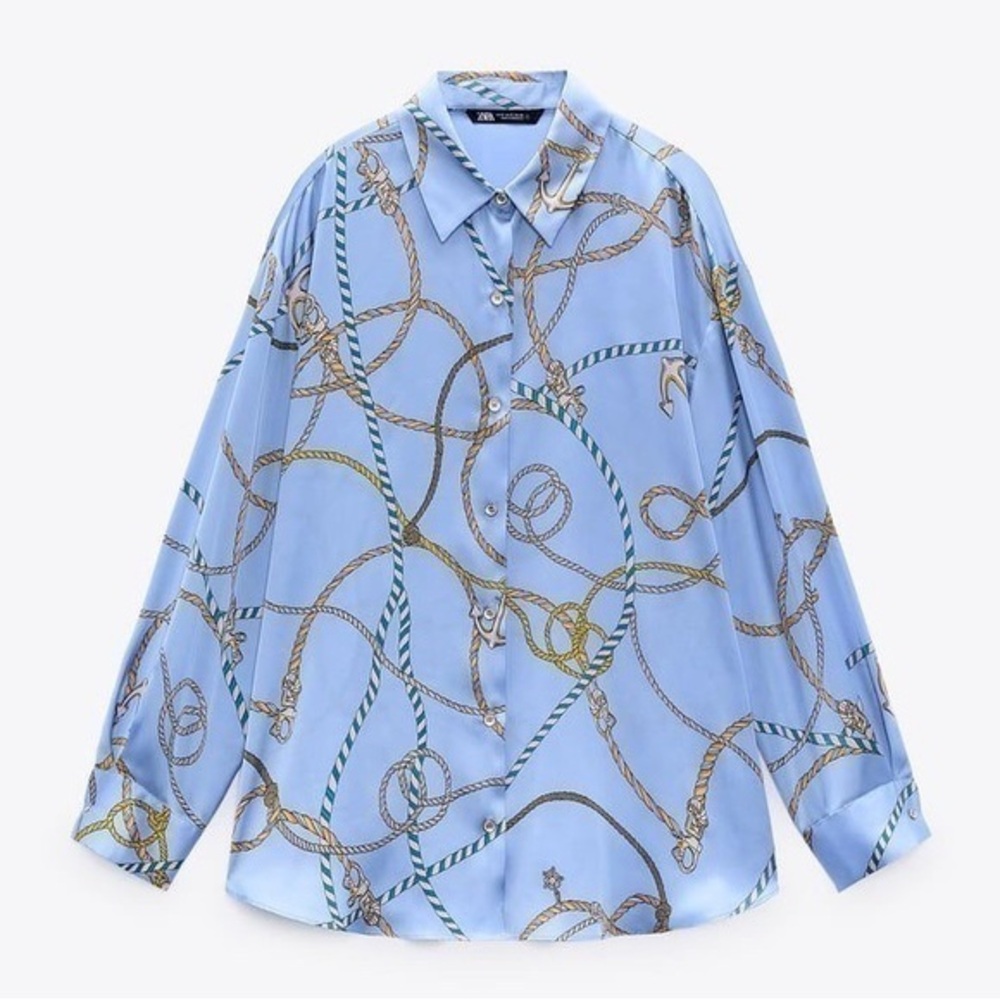Vintage Zara Chain Print Blue Satin long sleeve Blouse Large